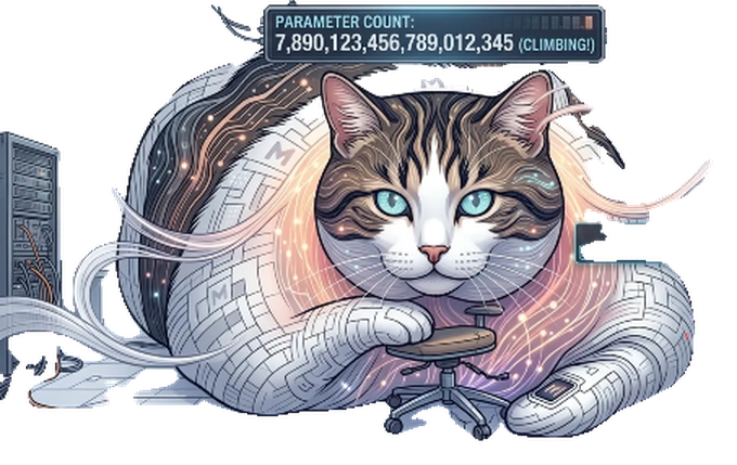 Chonk Intelligence, a giant circuit-patterned tabby cat resting a paw on a tiny office chair