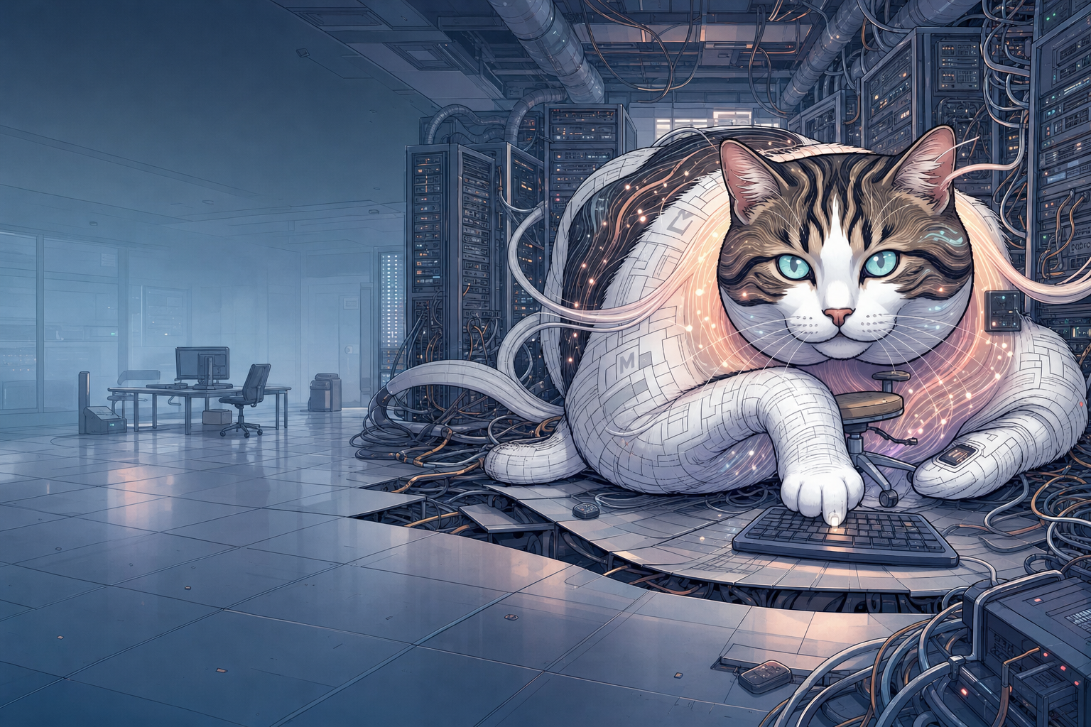 The giant cat lounging in a server room, its weight cracking the floor tiles around a keyboard